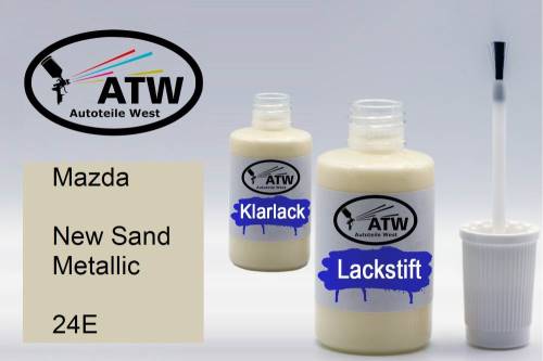 Mazda, New Sand Metallic, 24E: 20ml Lackstift + 20ml Klarlack - Set, von ATW Autoteile West.